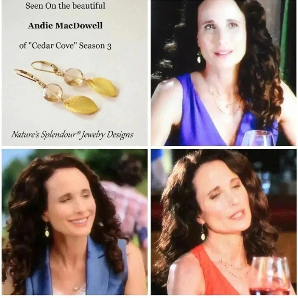 Andie MacDowell,Champagne Quartz,18Kt Gold Filled Leaf Earrings